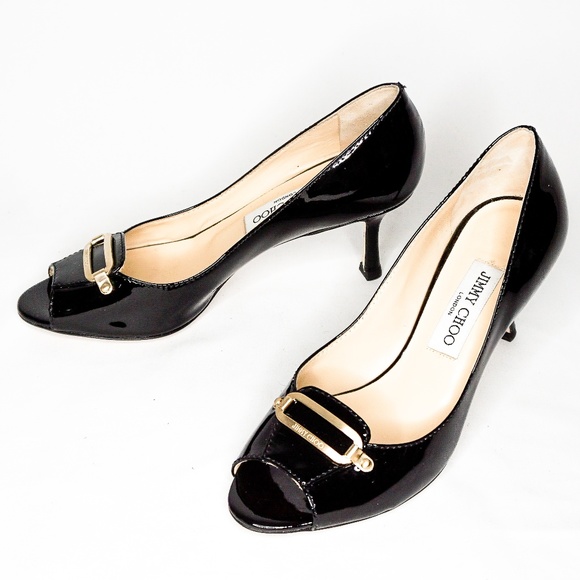 Jimmy Choo Shoes - JIMMY CHOO Patent Black Leather Open Toe Heels 38